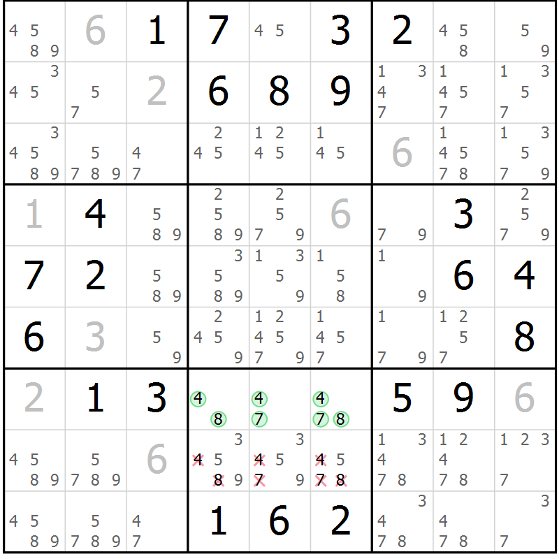 Position des candidats pour la solution de la Gr 6 page 9 du magazine de sudoku Virtuose n° 106