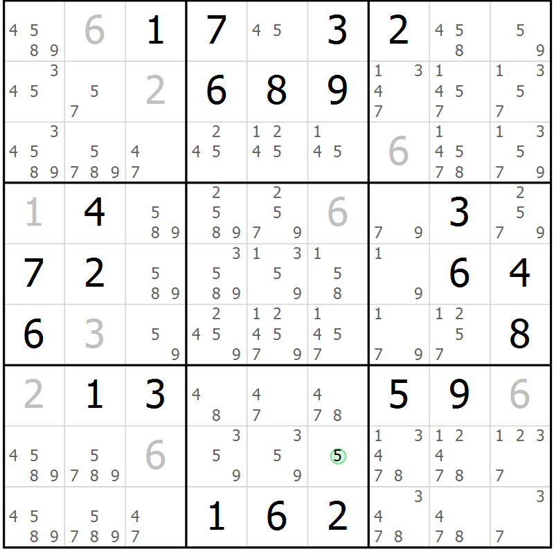 Position des candidats pour la solution de la Gr 6 page 9 du magazine de sudoku Virtuose n° 106