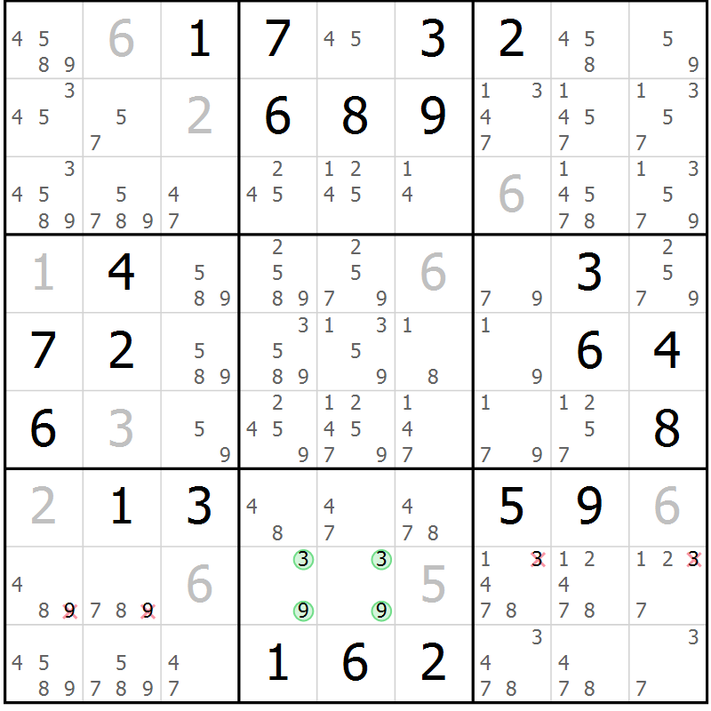 Position des candidats pour la solution de la Gr 6 page 9 du magazine de sudoku Virtuose n° 106
