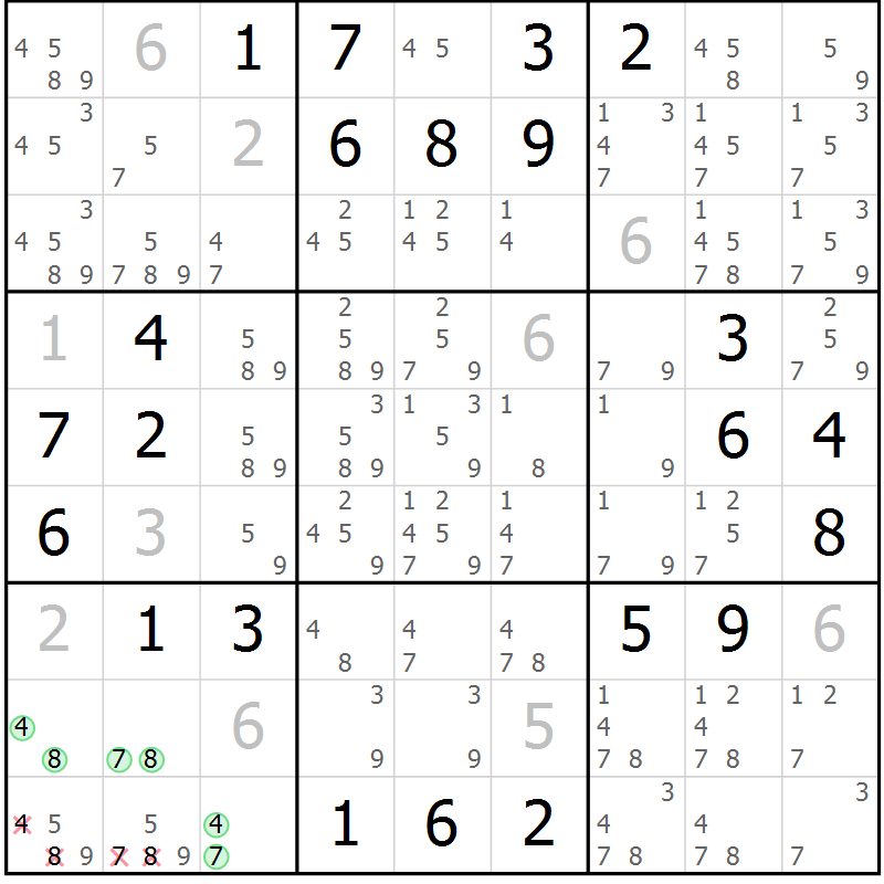Position des candidats pour la solution de la Gr 6 page 9 du magazine de sudoku Virtuose n° 106