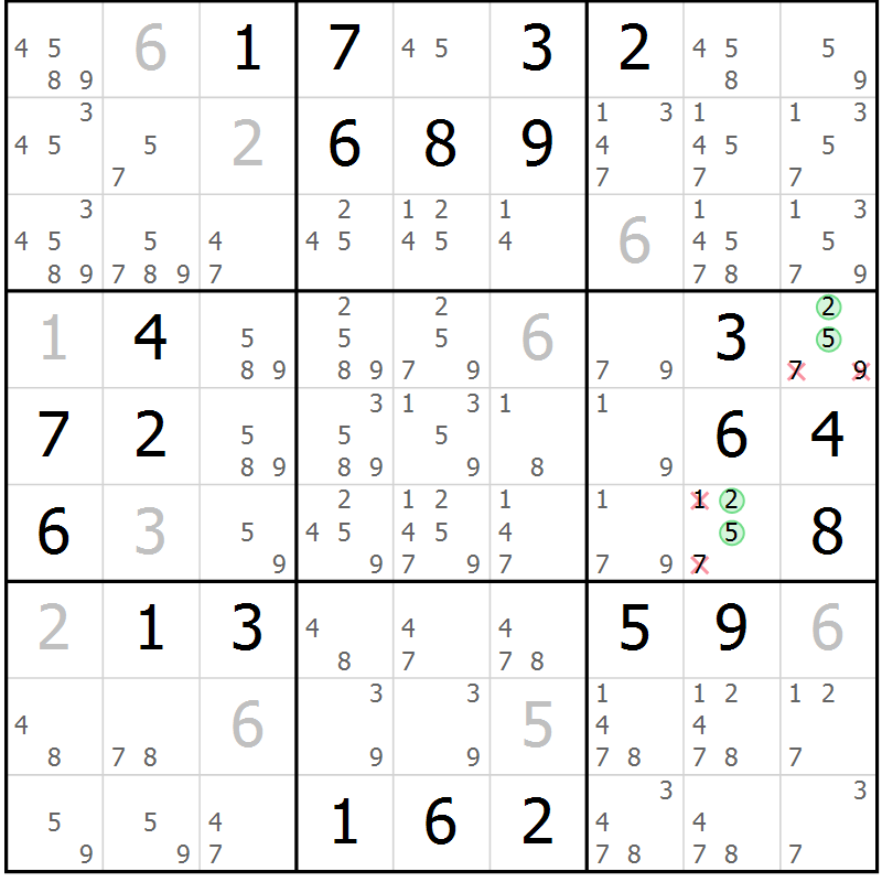 Position des candidats pour la solution de la Gr 6 page 9 du magazine de sudoku Virtuose n° 106