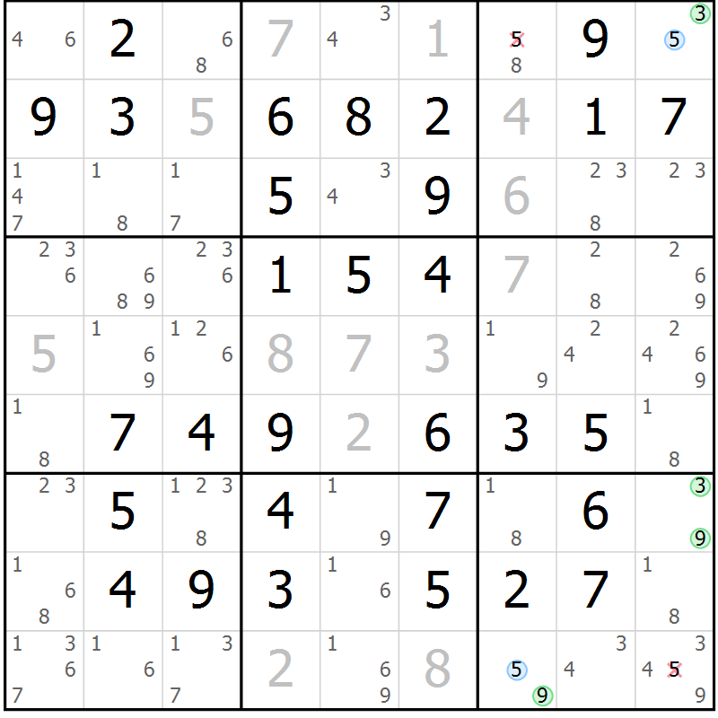 Position des candidats pour la solution de la Gr 61 page 64 du magazine de sudoku Virtuose n° 106