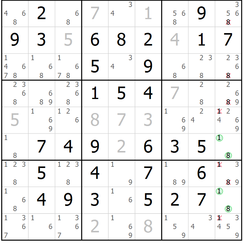 Position des candidats pour la solution de la Gr 61 page 64 du magazine de sudoku Virtuose n° 106