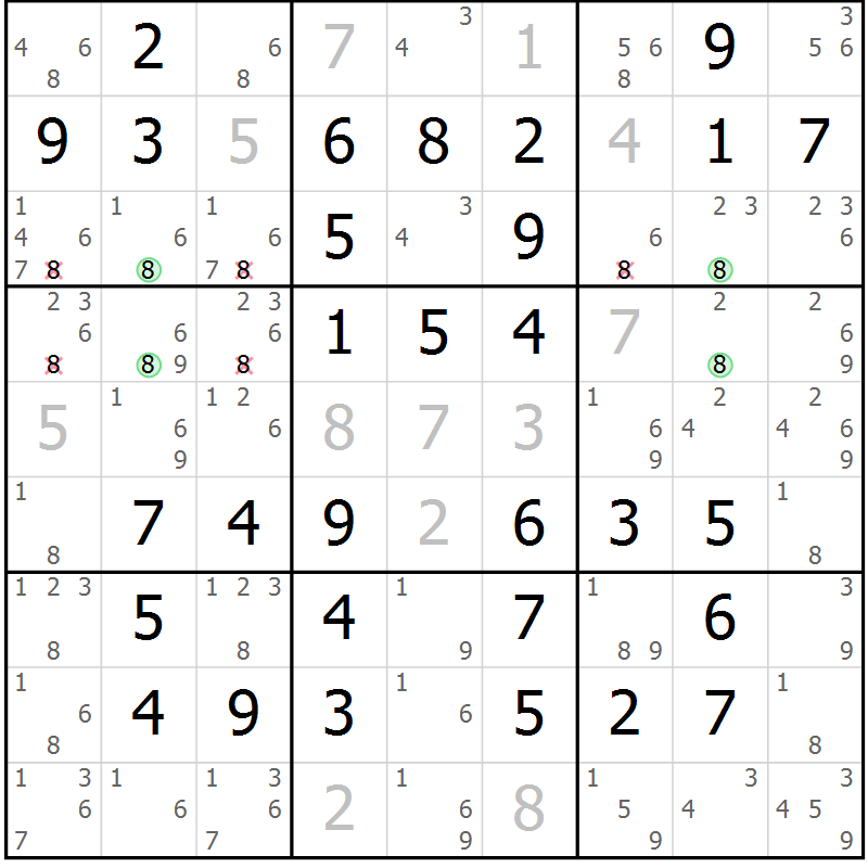 Position des candidats pour la solution de la Gr 61 page 64 du magazine de sudoku Virtuose n° 106