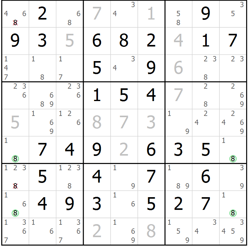 Position des candidats pour la solution de la Gr 61 page 64 du magazine de sudoku Virtuose n° 106