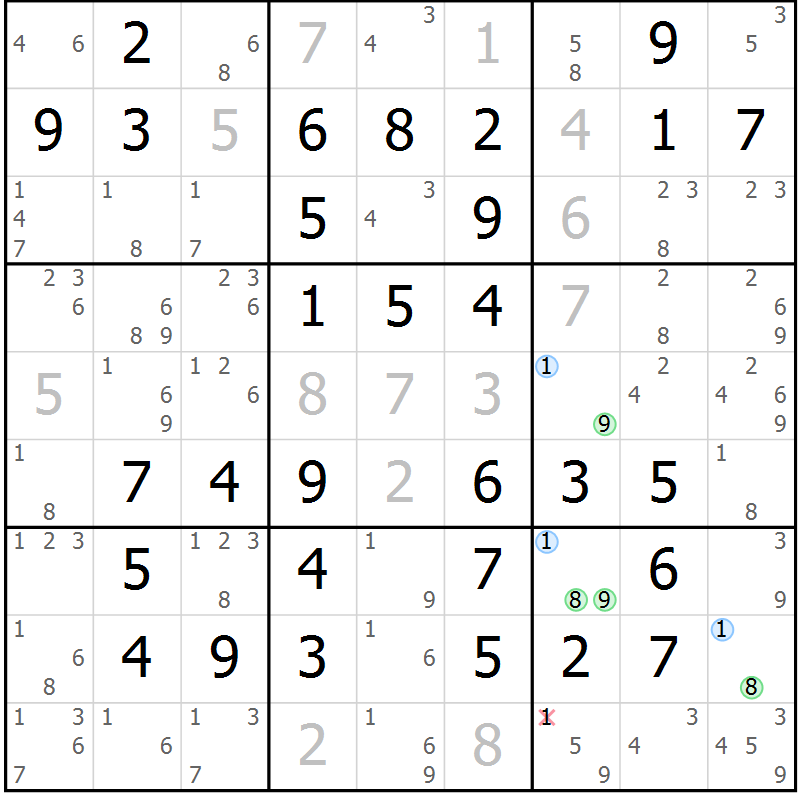 Position des candidats pour la solution de la Gr 61 page 64 du magazine de sudoku Virtuose n° 106
