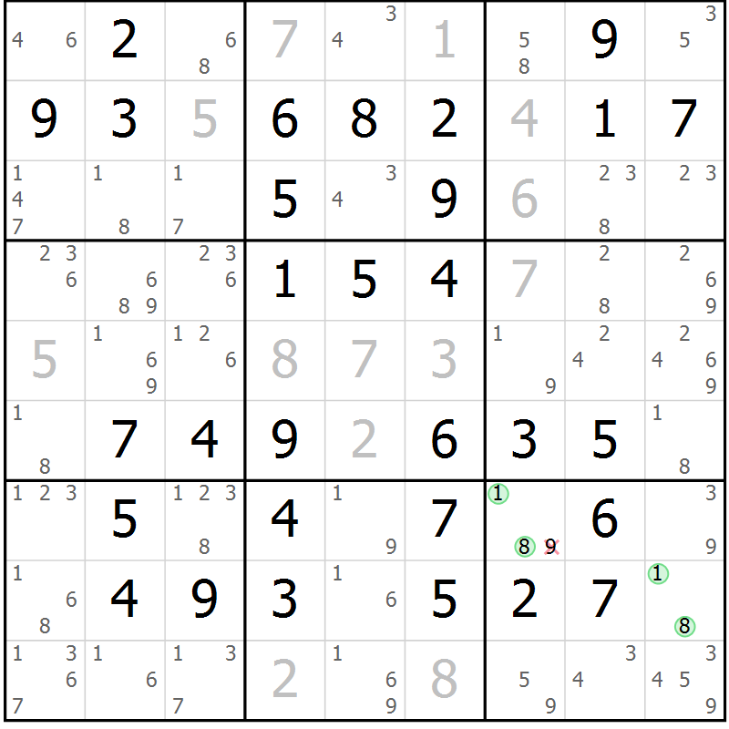 Position des candidats pour la solution de la Gr 61 page 64 du magazine de sudoku Virtuose n° 106