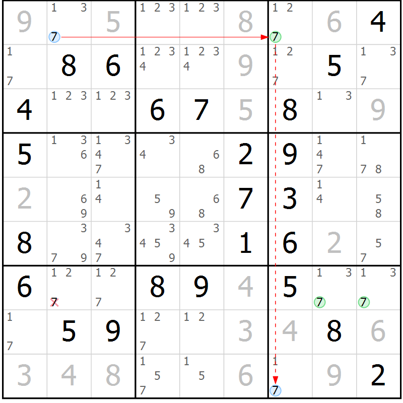 Position des candidats pour la solution de la Gr 63 page 66 du magazine de sudoku Virtuose n° 106