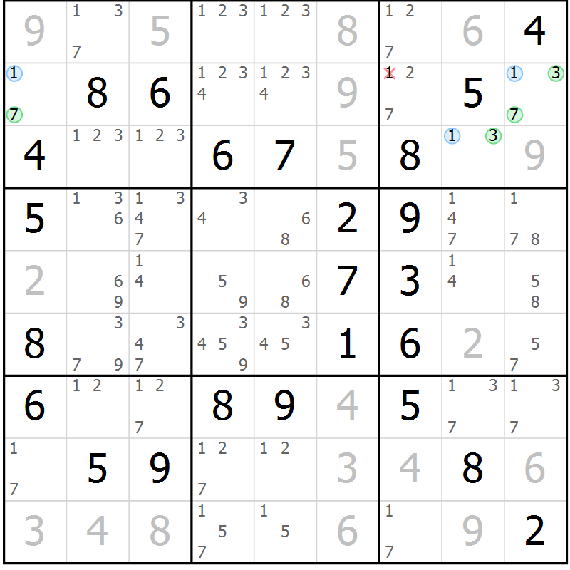 Position des candidats pour la solution de la Gr 63 page 66 du magazine de sudoku Virtuose n° 106