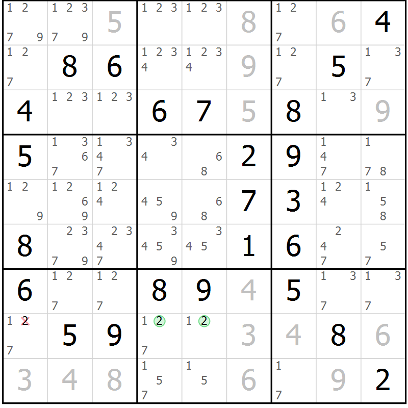 Position des candidats pour la solution de la Gr 63 page 66 du magazine de sudoku Virtuose n° 106