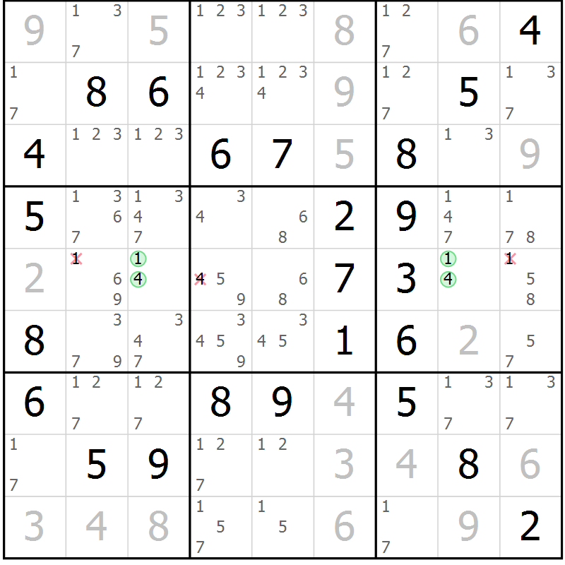 Position des candidats pour la solution de la Gr 63 page 66 du magazine de sudoku Virtuose n° 106