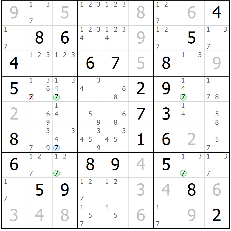 Position des candidats pour la solution de la Gr 63 page 66 du magazine de sudoku Virtuose n° 106
