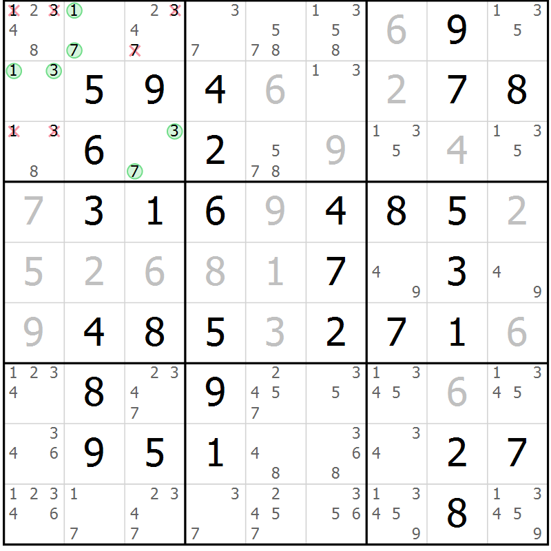 Position des candidats pour la solution de la Gr 67 page 70 du magazine de sudoku Virtuose n° 106