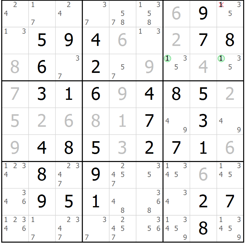 Position des candidats pour la solution de la Gr 67 page 70 du magazine de sudoku Virtuose n° 106