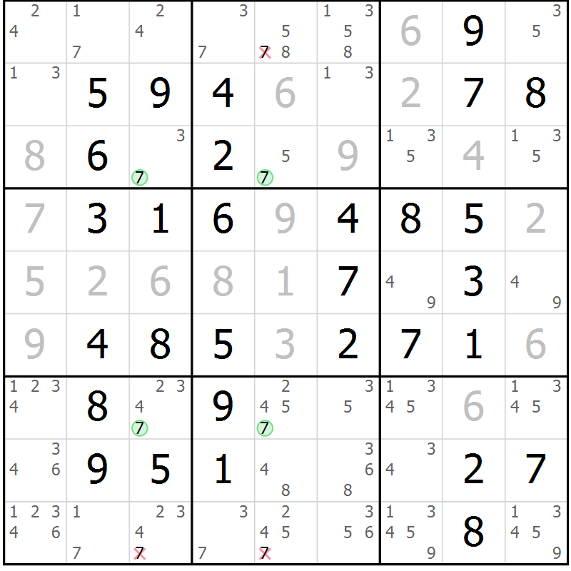 Position des candidats pour la solution de la Gr 67 page 70 du magazine de sudoku Virtuose n° 106