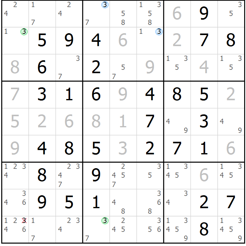 Position des candidats pour la solution de la Gr 67 page 70 du magazine de sudoku Virtuose n° 106