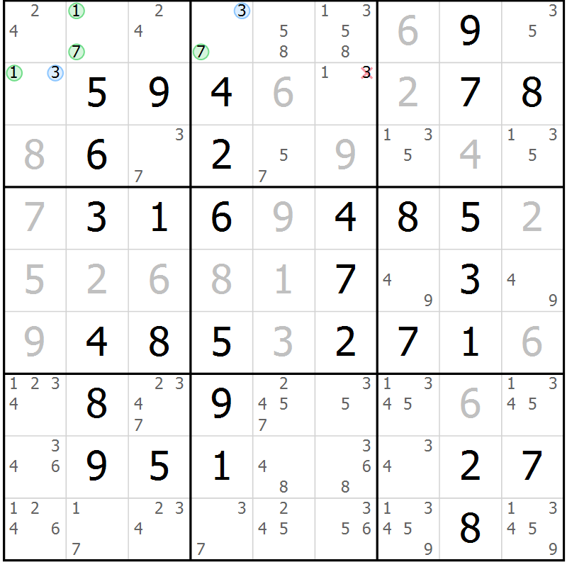 Position des candidats pour la solution de la Gr 67 page 70 du magazine de sudoku Virtuose n° 106