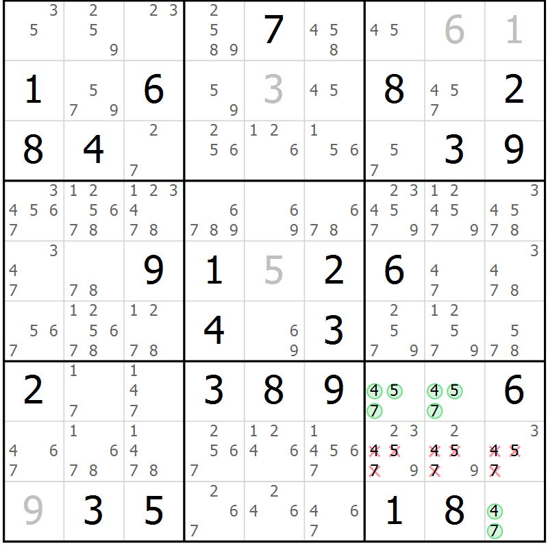 Position des candidats pour la solution de la Gr 68 page 71 du magazine de sudoku Virtuose n° 106