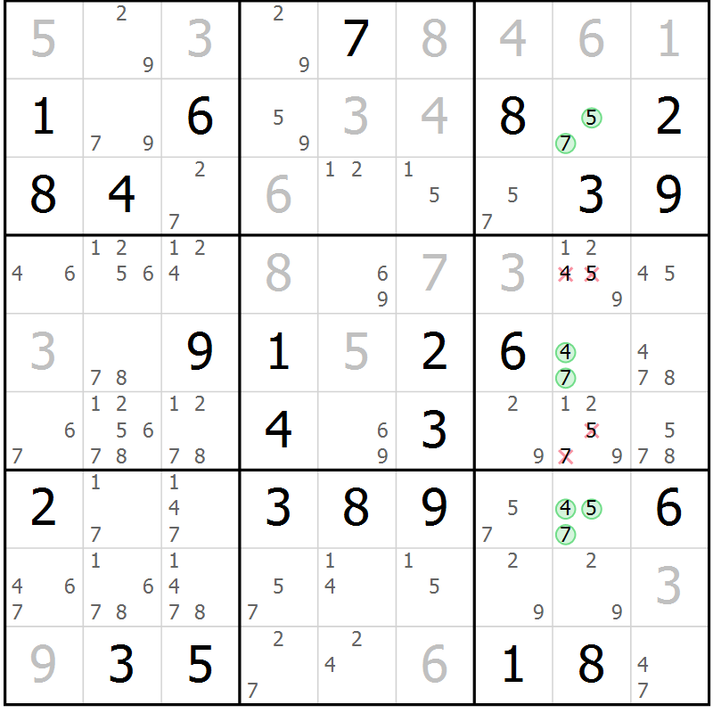 Position des candidats pour la solution de la Gr 68 page 71 du magazine de sudoku Virtuose n° 106