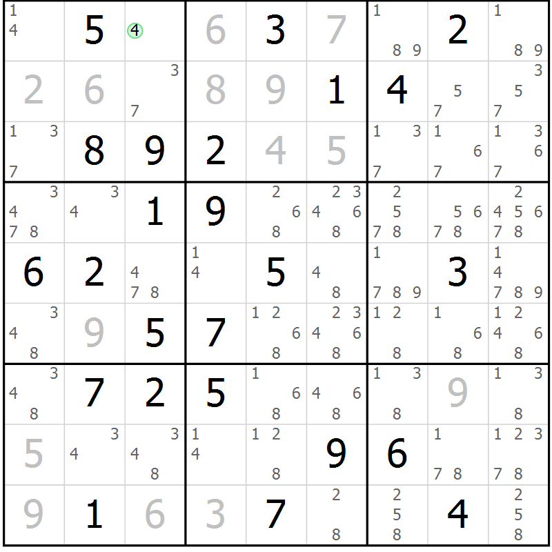 Position des candidats pour la solution de la Gr 69 page 72 du magazine de sudoku Virtuose n° 106