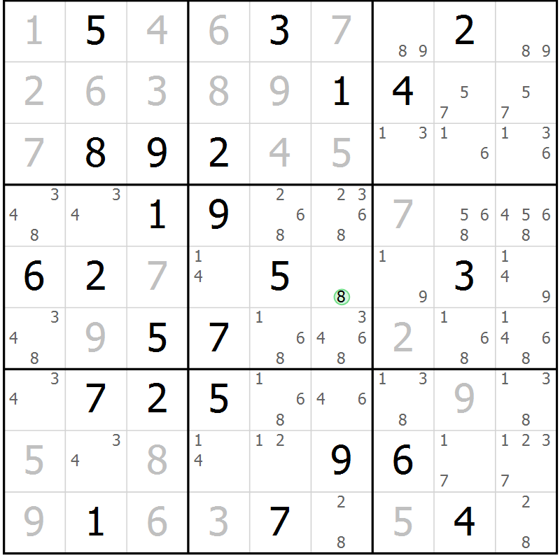 Position des candidats pour la solution de la Gr 69 page 72 du magazine de sudoku Virtuose n° 106