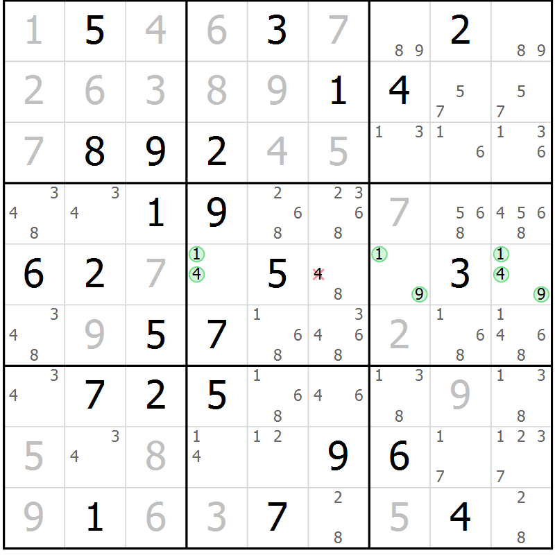 Position des candidats pour la solution de la Gr 69 page 72 du magazine de sudoku Virtuose n° 106