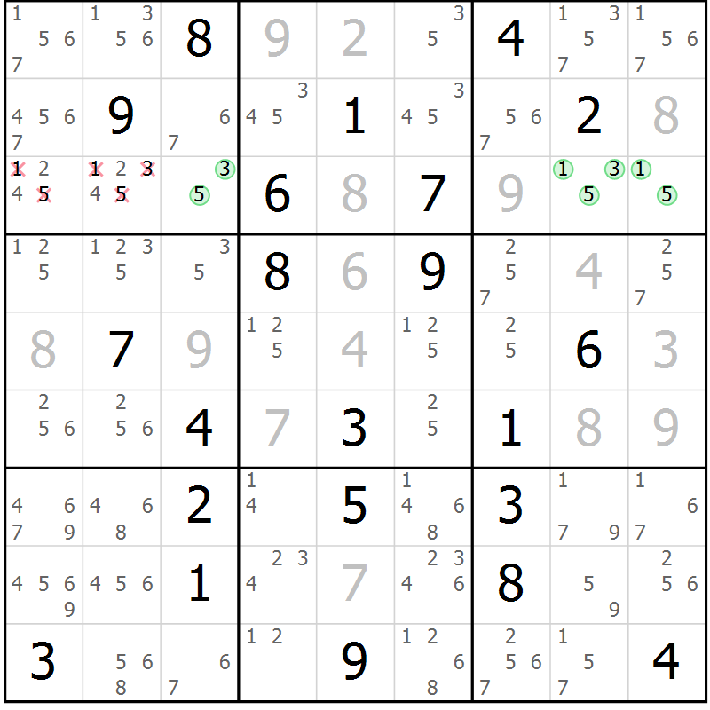 Position des candidats pour la solution de la Gr 7 page 10 du magazine de sudoku Virtuose n° 106