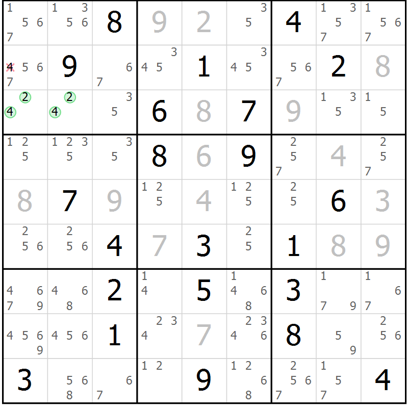 Position des candidats pour la solution de la Gr 7 page 10 du magazine de sudoku Virtuose n° 106