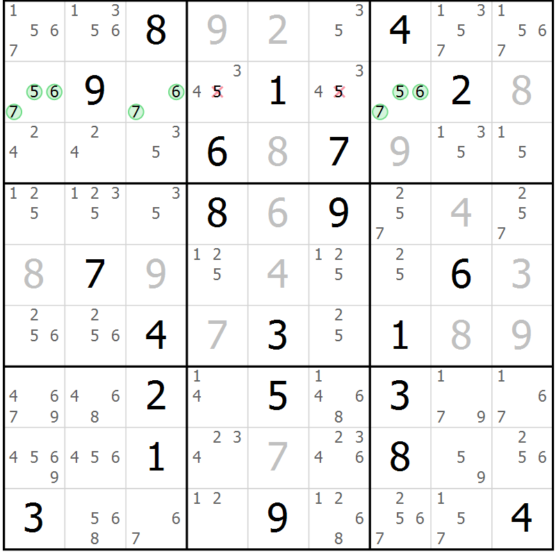 Position des candidats pour la solution de la Gr 7 page 10 du magazine de sudoku Virtuose n° 106