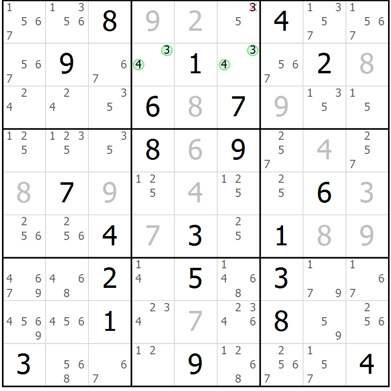 Position des candidats pour la solution de la Gr 7 page 10 du magazine de sudoku Virtuose n° 106