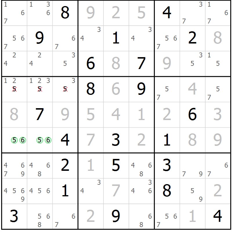 Position des candidats pour la solution de la Gr 7 page 10 du magazine de sudoku Virtuose n° 106