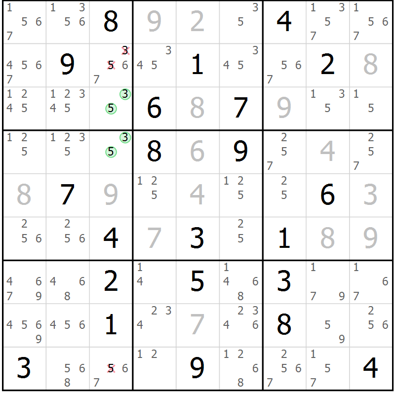 Position des candidats pour la solution de la Gr 7 page 10 du magazine de sudoku Virtuose n° 106