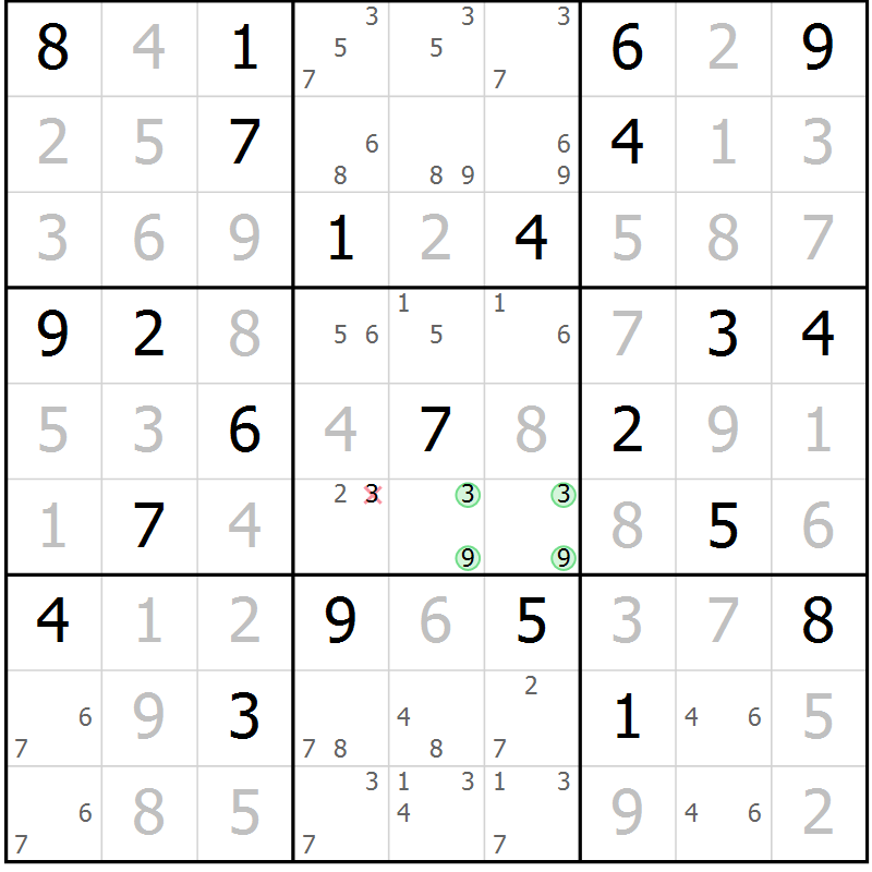 Position des candidats pour la solution de la Gr 71 page 74 du magazine de sudoku Virtuose n° 106