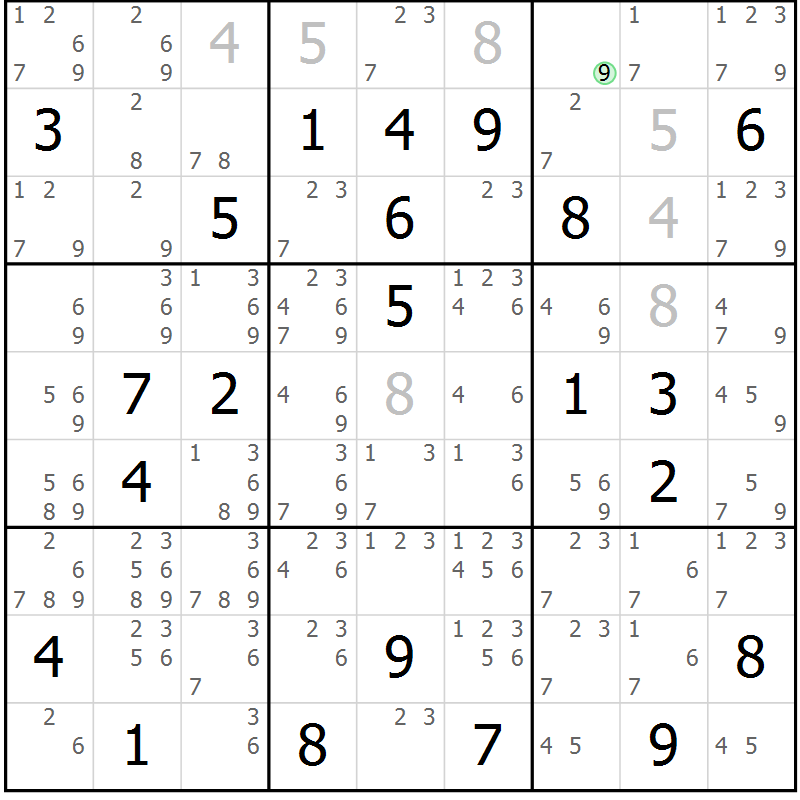 Position des candidats pour la solution de la Gr 72 page 75 du magazine de sudoku Virtuose n° 106