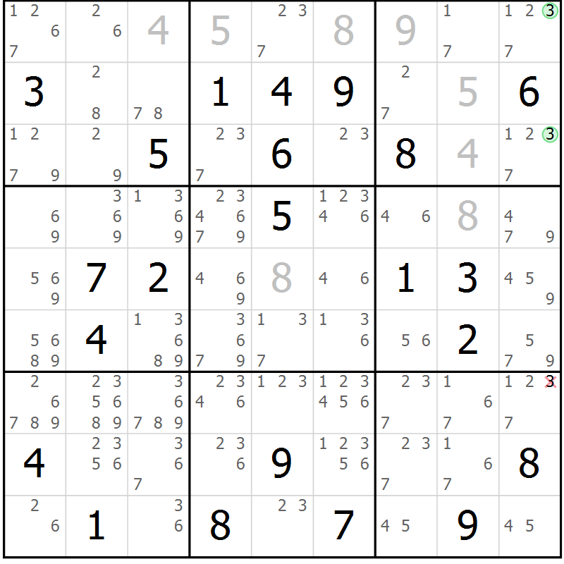 Position des candidats pour la solution de la Gr 72 page 75 du magazine de sudoku Virtuose n° 106