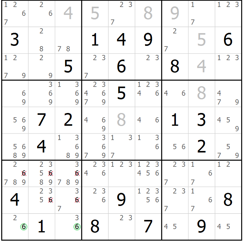 Position des candidats pour la solution de la Gr 72 page 75 du magazine de sudoku Virtuose n° 106