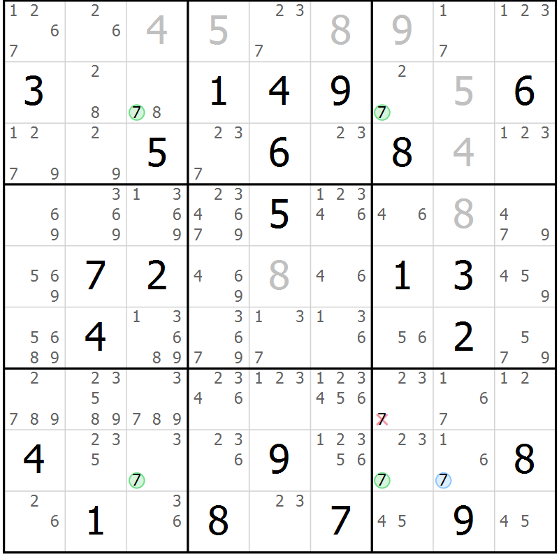Position des candidats pour la solution de la Gr 72 page 75 du magazine de sudoku Virtuose n° 106