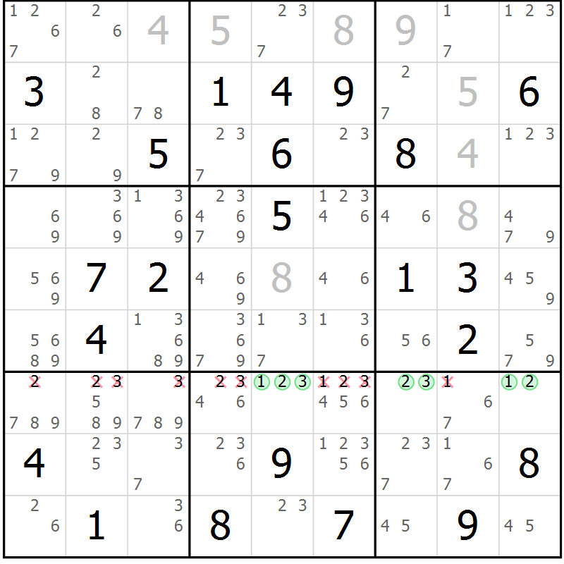 Position des candidats pour la solution de la Gr 72 page 75 du magazine de sudoku Virtuose n° 106