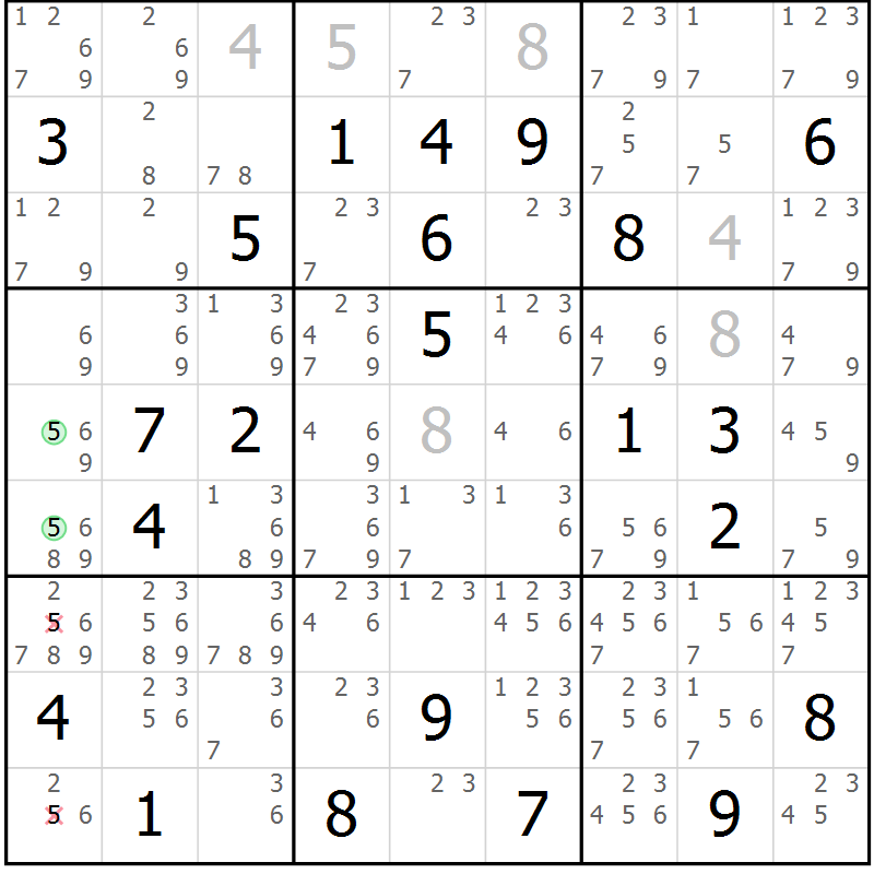 Position des candidats pour la solution de la Gr 72 page 75 du magazine de sudoku Virtuose n° 106