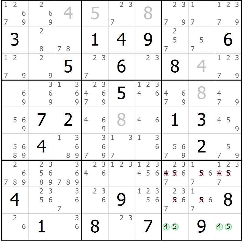 Position des candidats pour la solution de la Gr 72 page 75 du magazine de sudoku Virtuose n° 106