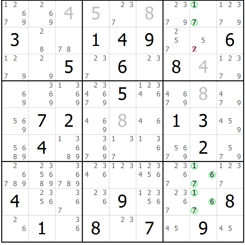 Position des candidats pour la solution de la Gr 72 page 75 du magazine de sudoku Virtuose n° 106