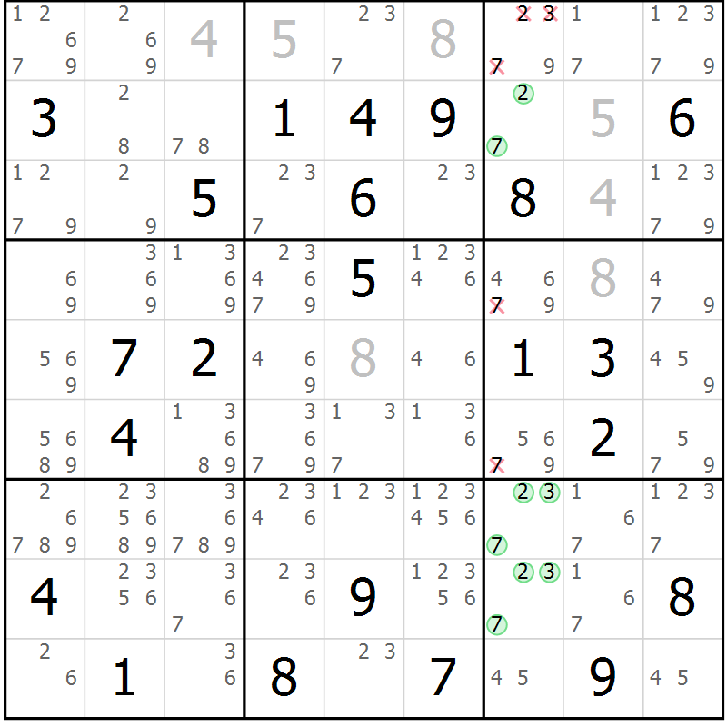 Position des candidats pour la solution de la Gr 72 page 75 du magazine de sudoku Virtuose n° 106