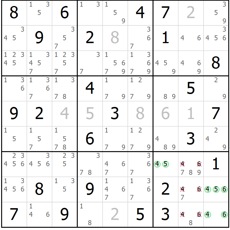 Position des candidats pour la solution de la Gr 73 page 76 du magazine de sudoku Virtuose n° 106