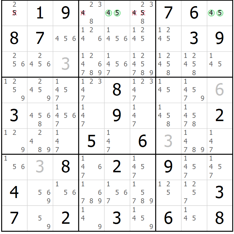 Position des candidats pour la solution de la Gr 74 page 77 du magazine de sudoku Virtuose n° 106