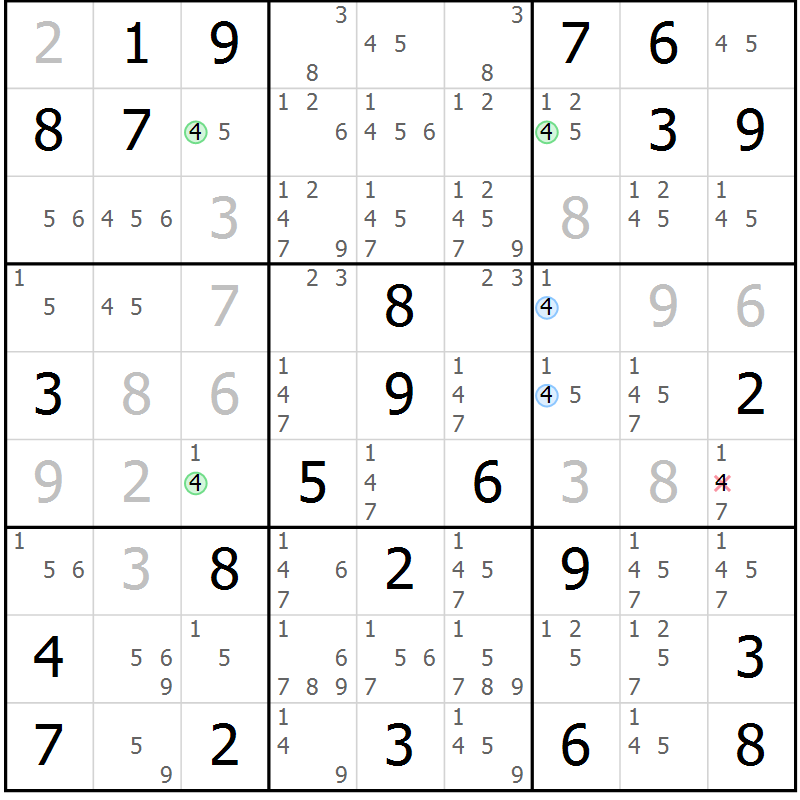 Position des candidats pour la solution de la Gr 74 page 77 du magazine de sudoku Virtuose n° 106