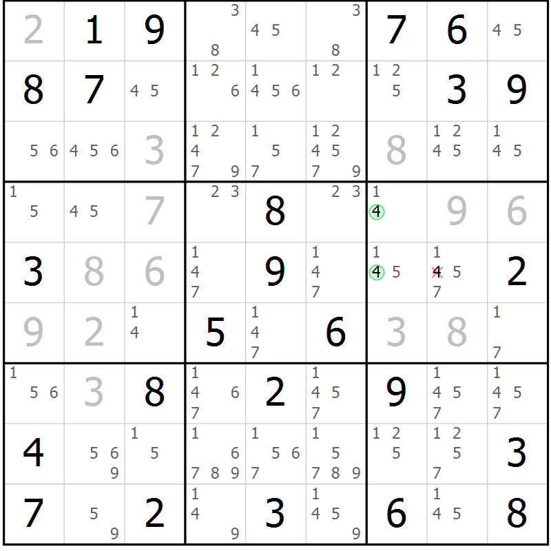 Position des candidats pour la solution de la Gr 74 page 77 du magazine de sudoku Virtuose n° 106