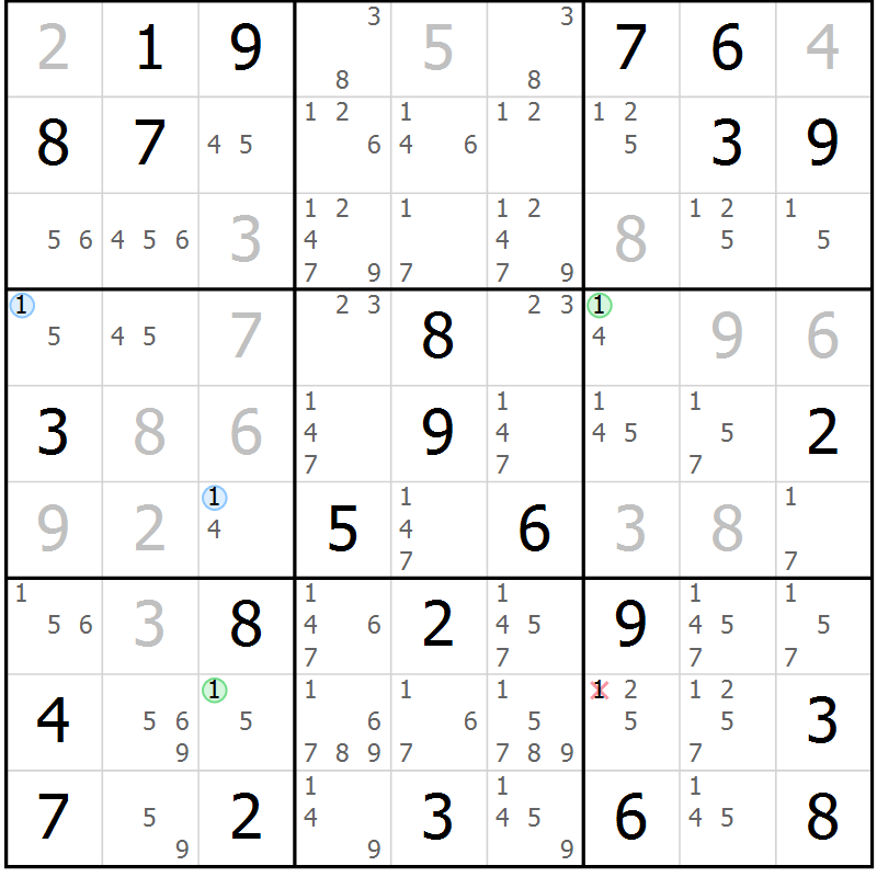 Position des candidats pour la solution de la Gr 74 page 77 du magazine de sudoku Virtuose n° 106