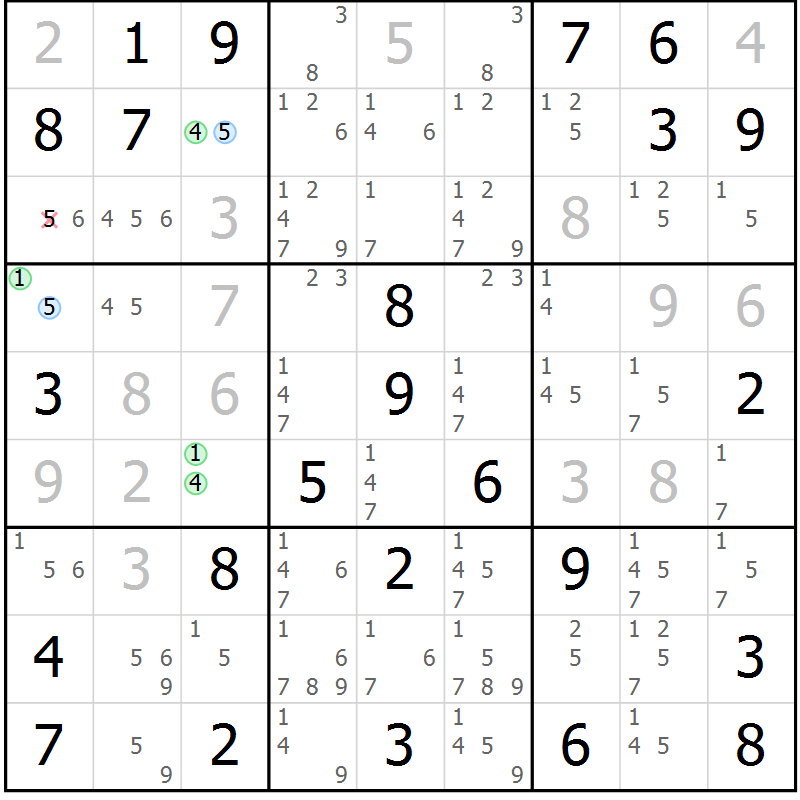 Position des candidats pour la solution de la Gr 74 page 77 du magazine de sudoku Virtuose n° 106