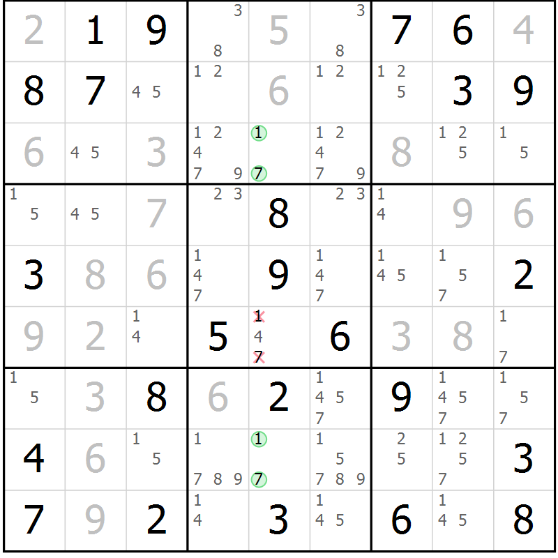Position des candidats pour la solution de la Gr 74 page 77 du magazine de sudoku Virtuose n° 106