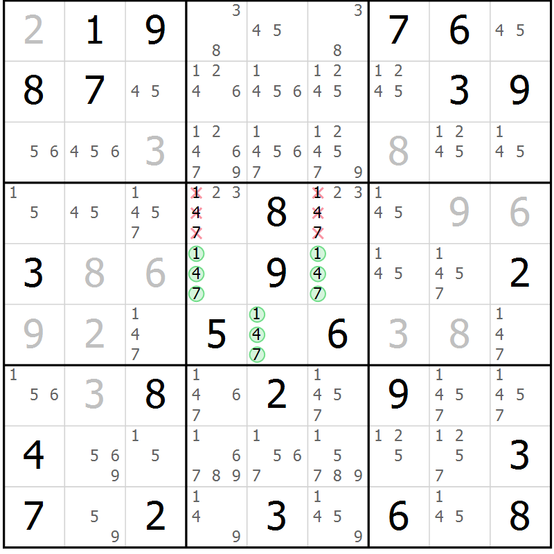 Position des candidats pour la solution de la Gr 74 page 77 du magazine de sudoku Virtuose n° 106